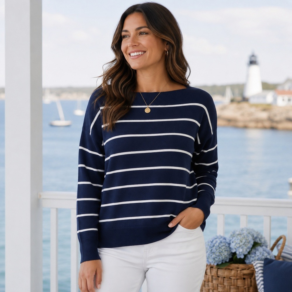 Chaps‎ Striped Boat Neck Sweater Navy White Knit Coastal Nautical Women's M NWT